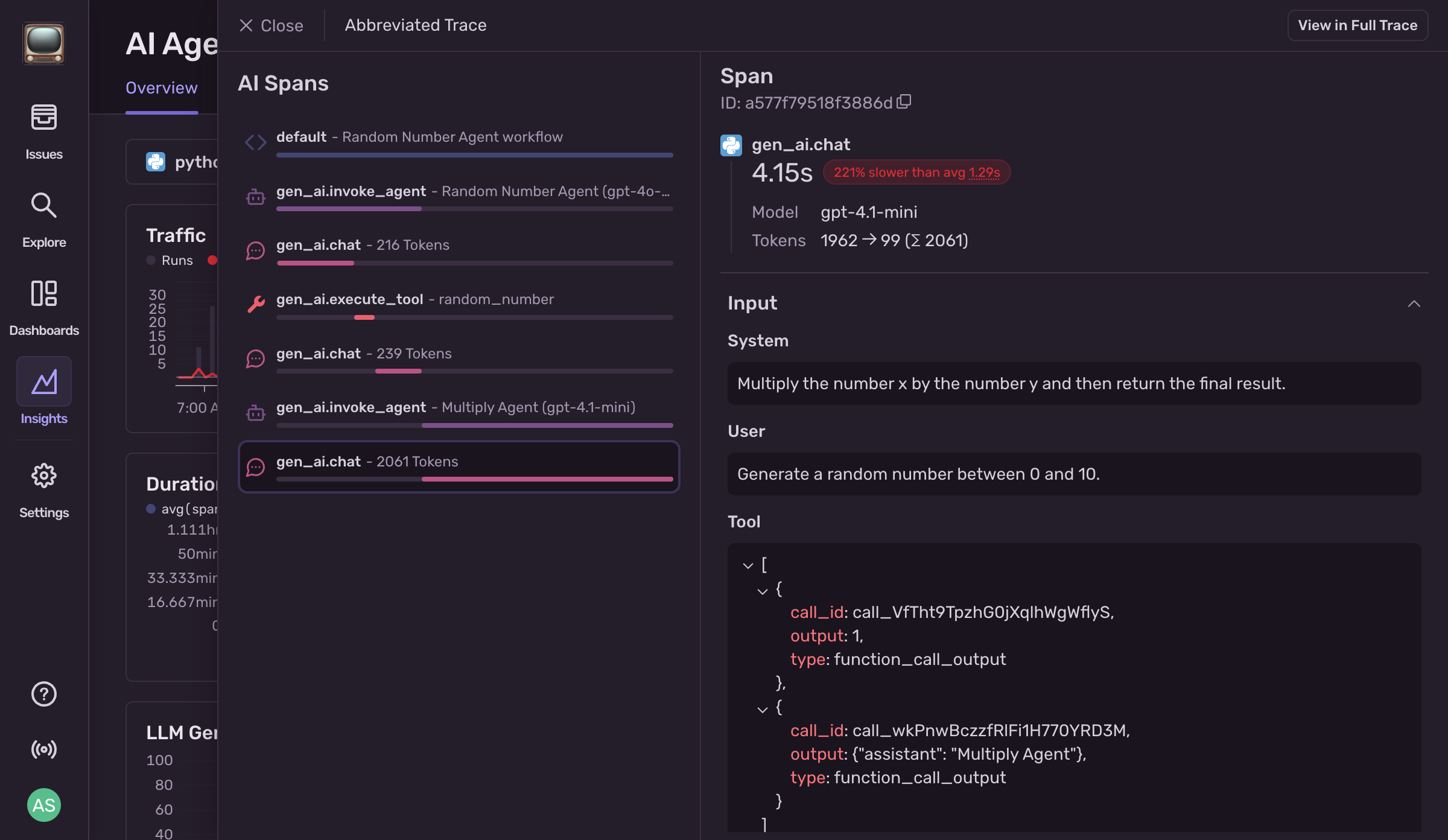 Screenshot of the Sentry UI showing the traces for a LLM calls. It includes the input and output.