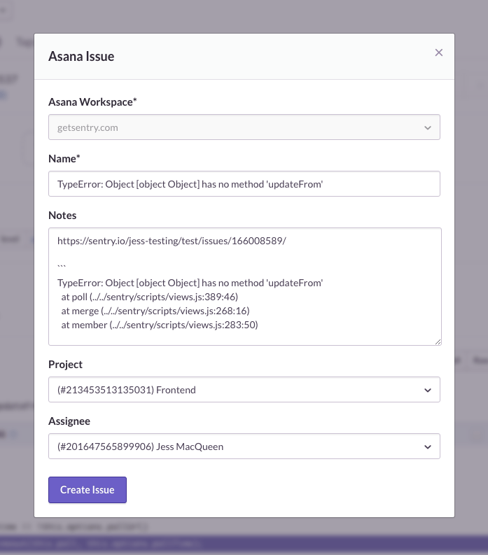 Create an issue from Sentry