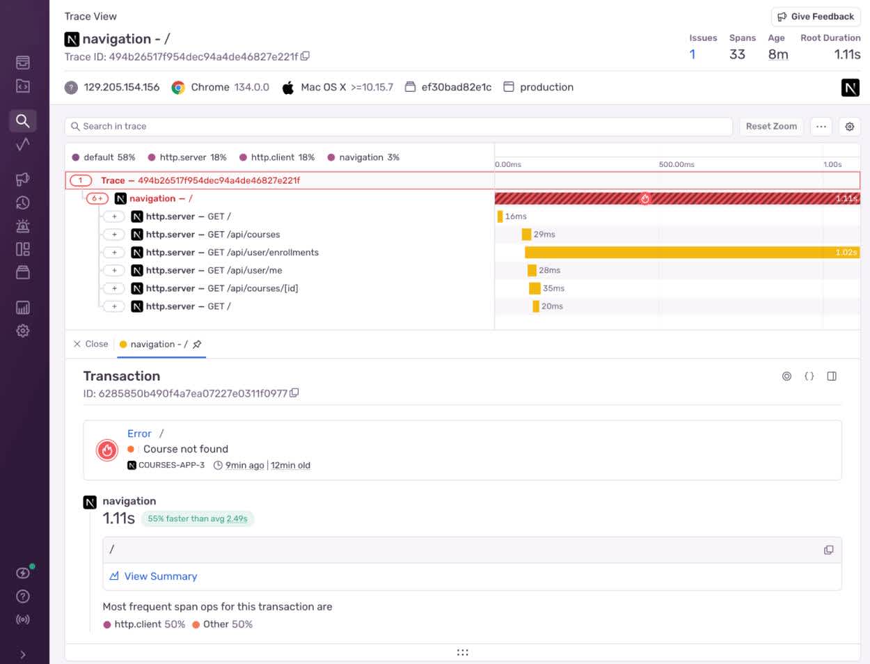The trace view of the example error, showing the page load and involved requests from the page.