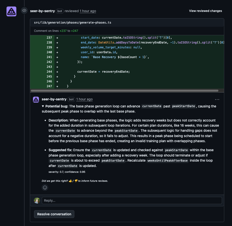A screenshot from Github where Sentry's Seer reviewed the changes to the code and suggested that there may be a potential bug in the code related to the scheduling logic. It also drafted up a potential fix for the identified bug.