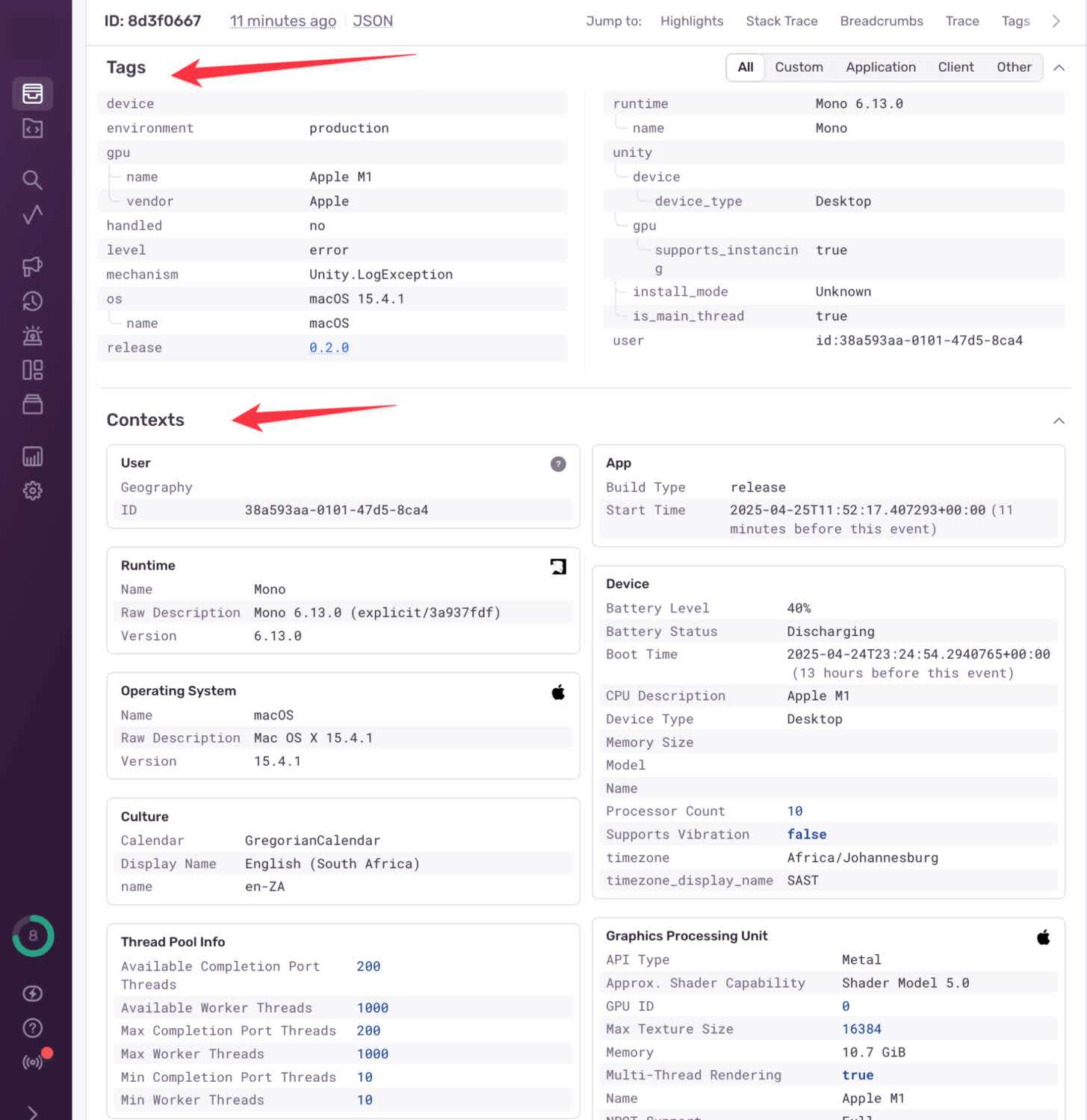The Sentry dashboard, highlighting where to find the Tags and Contexts for issues.