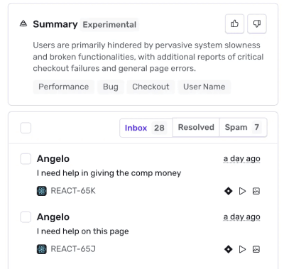 User feedback page with an “Experimental” summary noting system slowness and checkout failures, tag chips below, and a list of inbox items from Angelo with timestamps and issue IDs.