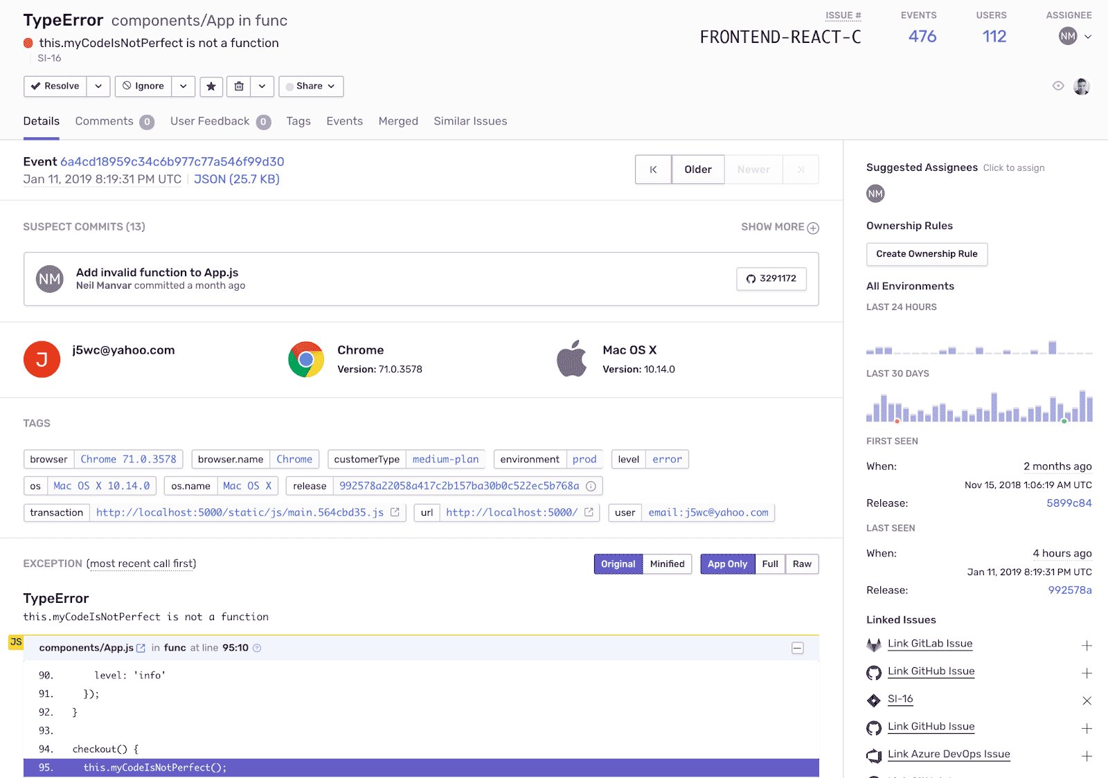 Sentry issue context and stack trace