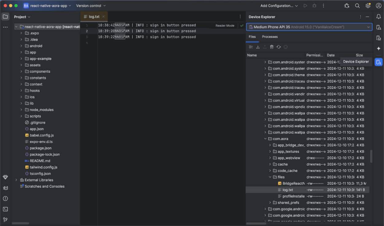The Android Studio Device Explorer viewing log files in a virtual Android device.