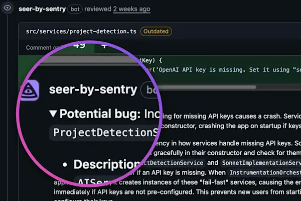 GitHub code review by the Seer highlighting a potential bug: inconsistent error handling for missing OpenAI API keys in ProjectDetectionService, which throws an error in the constructor and may crash the app on startup.