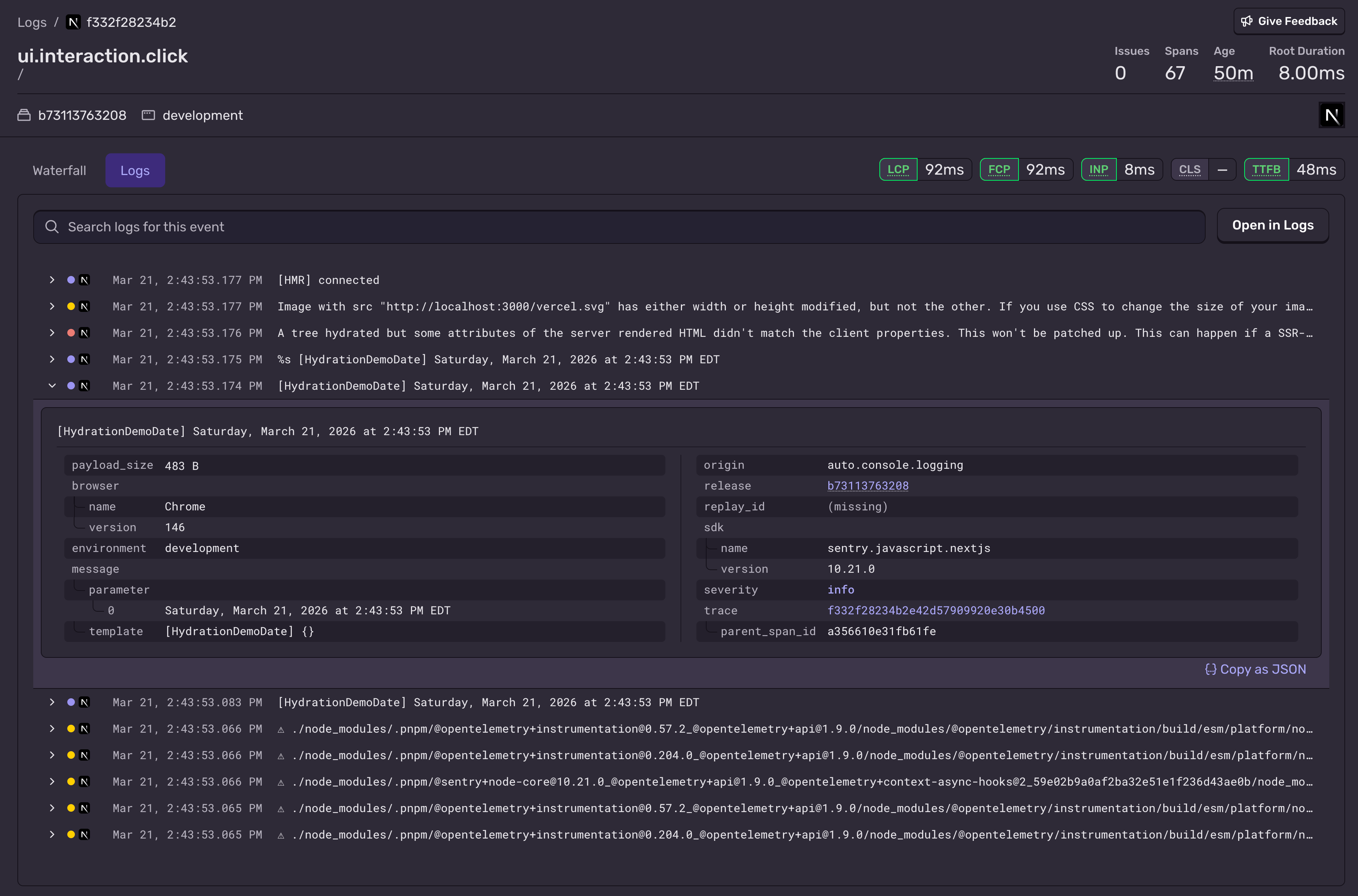 Sentry Logs tab showing a ui.interaction.click event trace with an expanded HydrationDemoDate log entry, displaying Chrome version 146 metadata in a development environment.