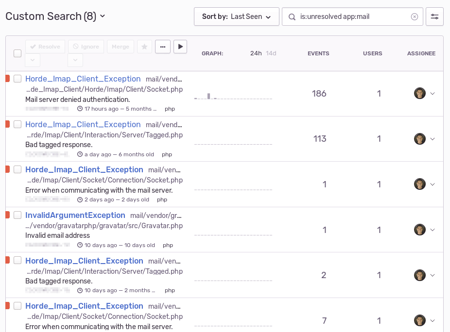 A screenshot of the Sentry exception list, filtered by exceptions that were triggered from the Nextcloud Mail app.