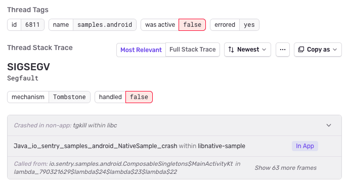 Sentry crash detail showing a SIGSEGV segfault with Tombstone mechanism, thread tags indicating the thread was not active and errored, and a stack trace pinpointing Java_io_sentry_samples_android_NativeSample_crash in libnative-sample as the in-app crash frame.