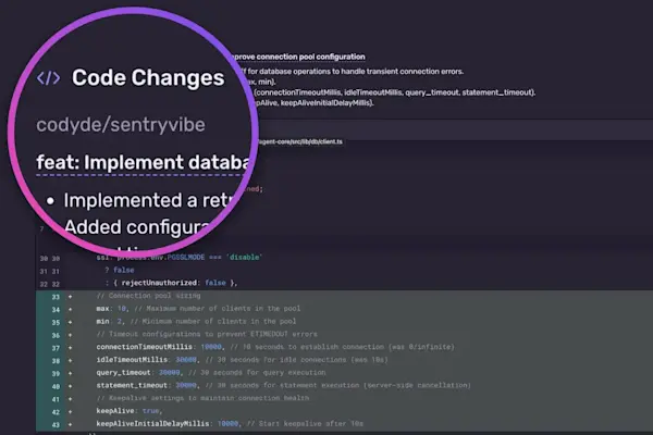 Code diff view showing new configurations added to prevent database timeout errors, including connection pool sizing, timeouts for idle connections and queries, and keepalive settings in client.ts.