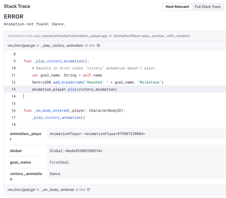 Screenshot from Sentry showing the stack trace for the aforementioned error.