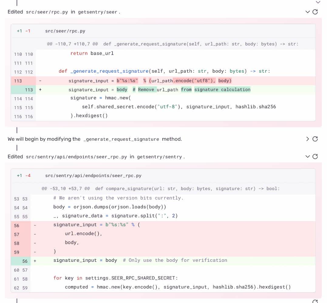 A screenshot of two diffs generated by Autofix in two separate repositories, solving an authentication bug across microservices