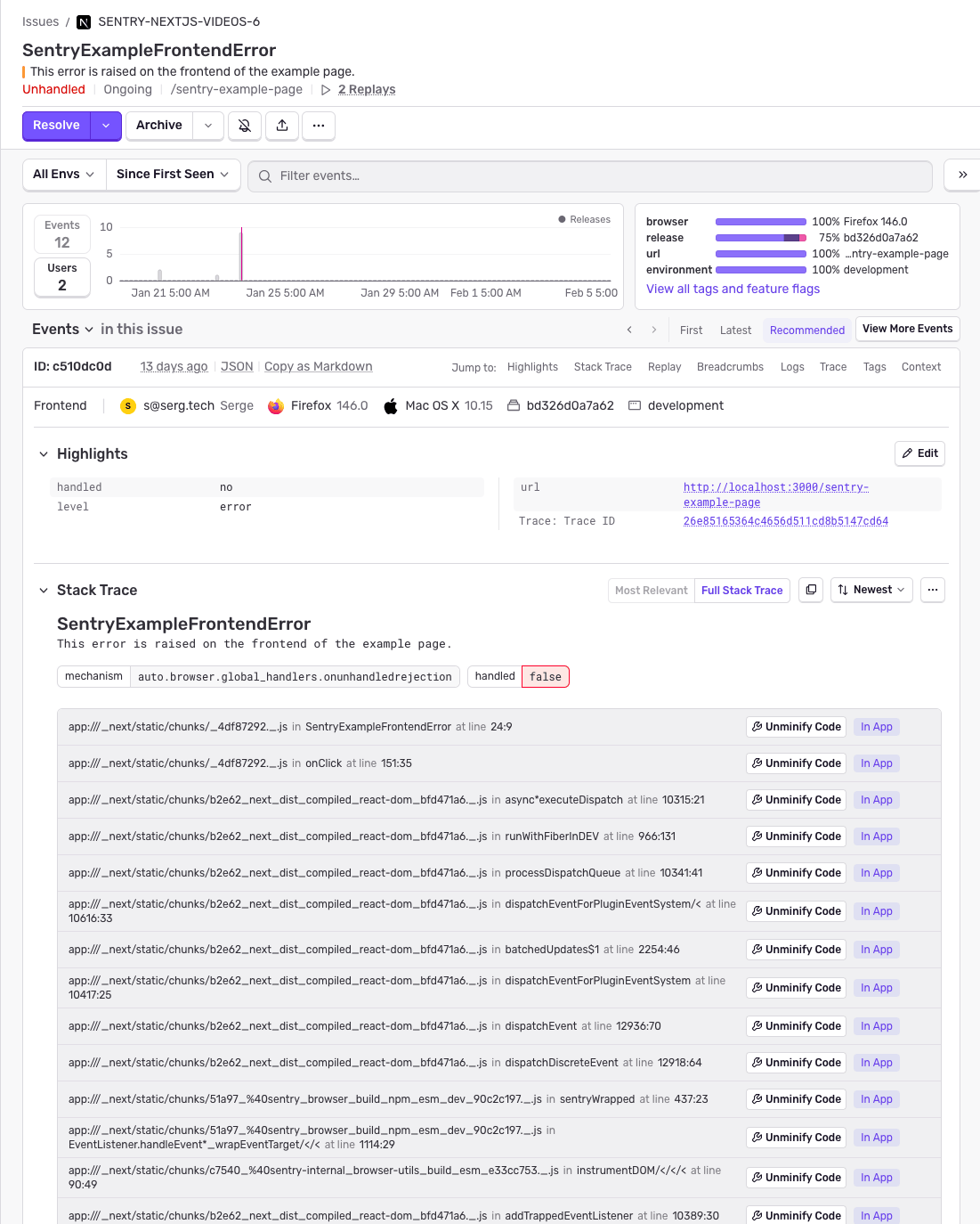 Sentry error details showing SentryExampleFrontendError with 12 events, minified webpack chunk paths in stack trace, and multiple "Unminify Code" buttons indicating missing source map resolution