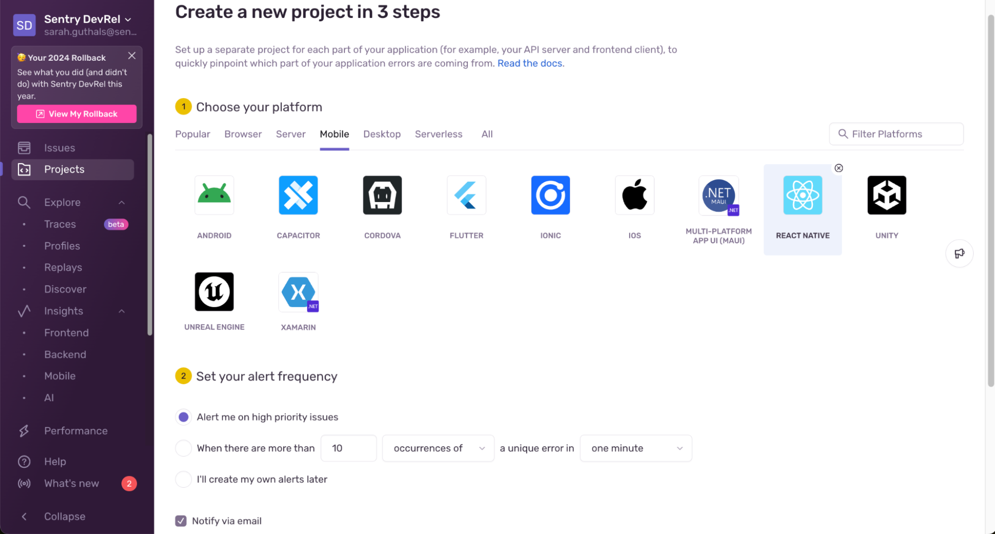 The “new project” page on Sentry showing a variety of mobile frameworks to choose from to create a new project in Sentry.