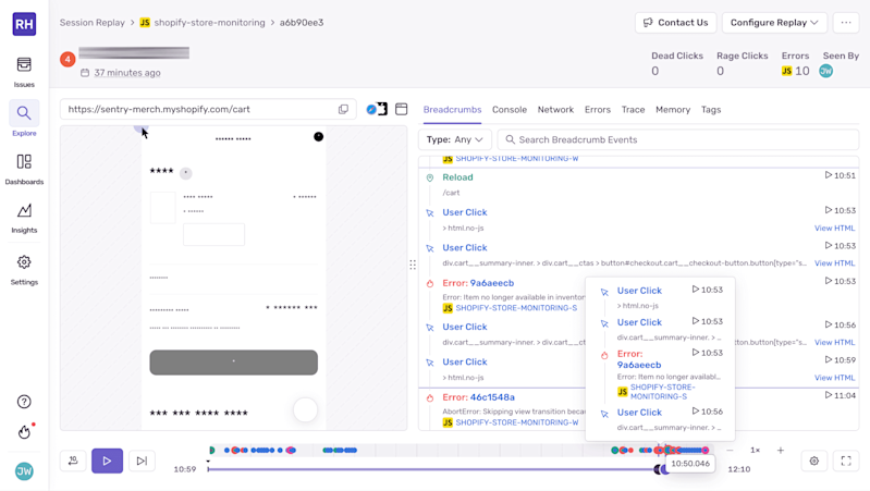 Screenshot of the Sentry Session Replay interface showing a Shopify cart page with recorded user interactions and error events, including “Item no longer available in inventory,” displayed alongside the event timeline and breadcrumb logs.