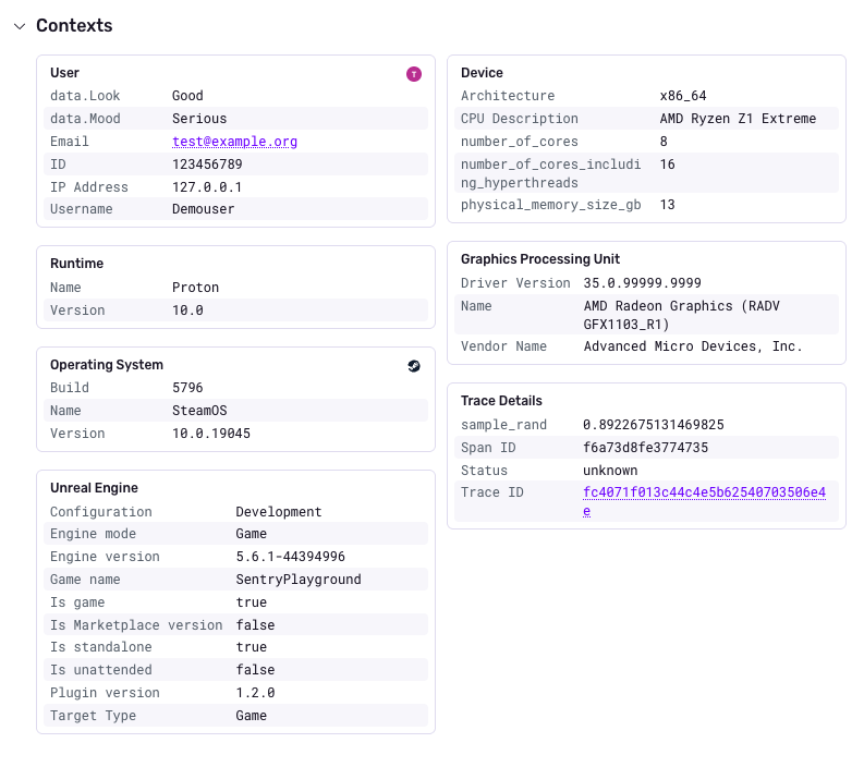 Screenshot in Sentry of context data coming from the game engine with Proton
