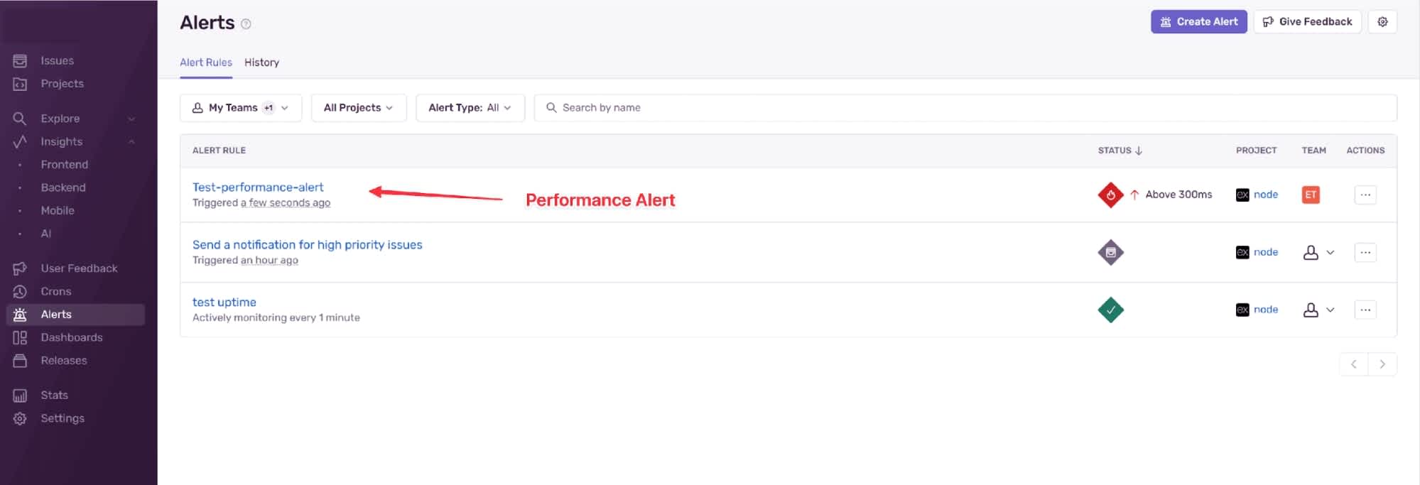 Screenshot from Sentry pointing out the test performance alert that got triggered due to the p75 threshold exceeding 300ms.