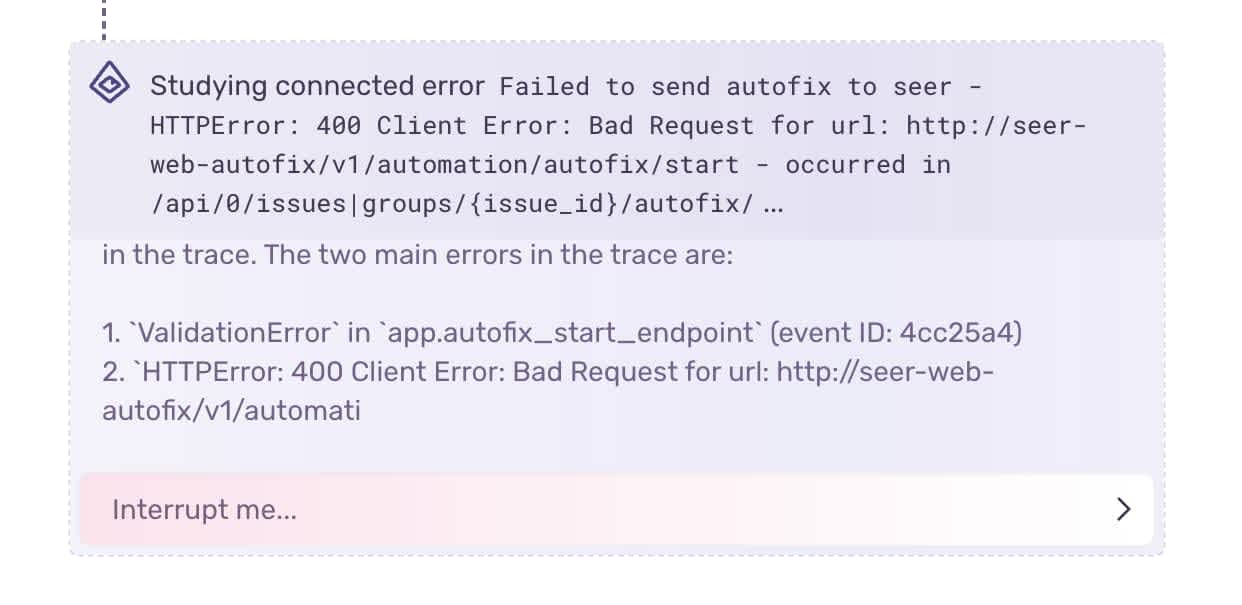 A screenshot of Autofix actively studying the stack trace and other event details of a trace-connected error while automatically debugging an issue in Autofix itself