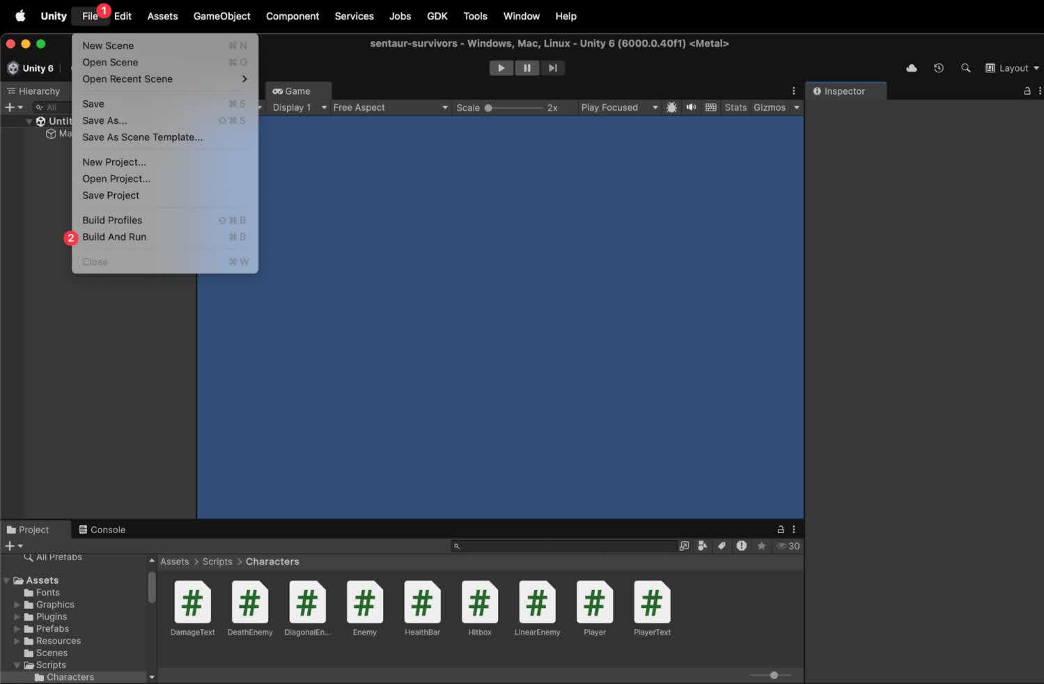 Screenshot from Unity showing how to find the Build and Run option
