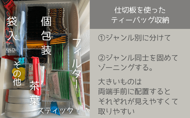 ティーバッグ収納は、ジャンルごとに分けて固めてゾーニングして配置するのが◎