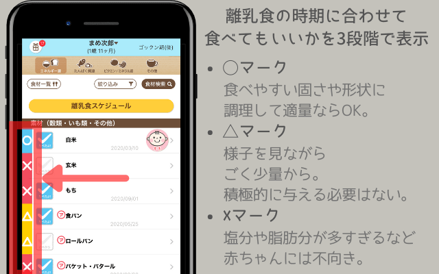 三段階表示で食材管理がしやすいステップ離乳食アプリ