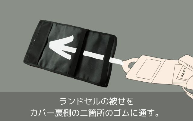 被せを二箇所のゴムバンドに通す