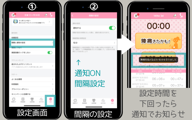 通知機能が便利な陣痛きたかもアプリ