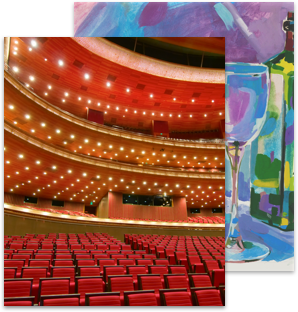 Two overlapping images of a theatre and a painting