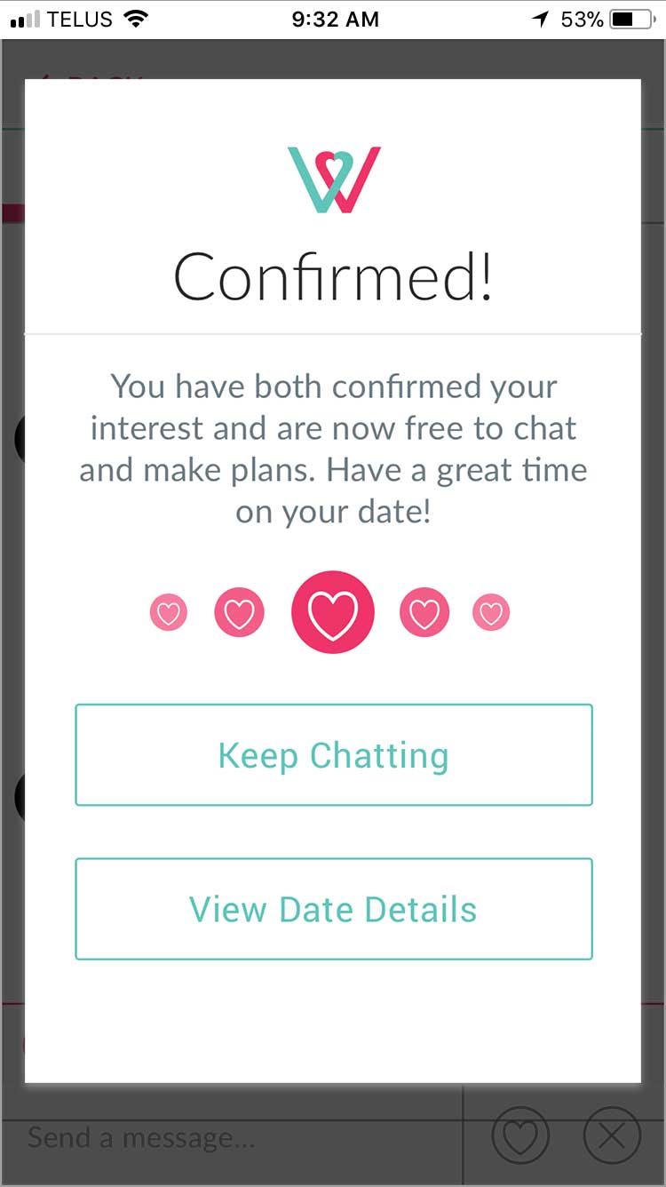 Woo You app confirm popup view with keep chatting or view date details options