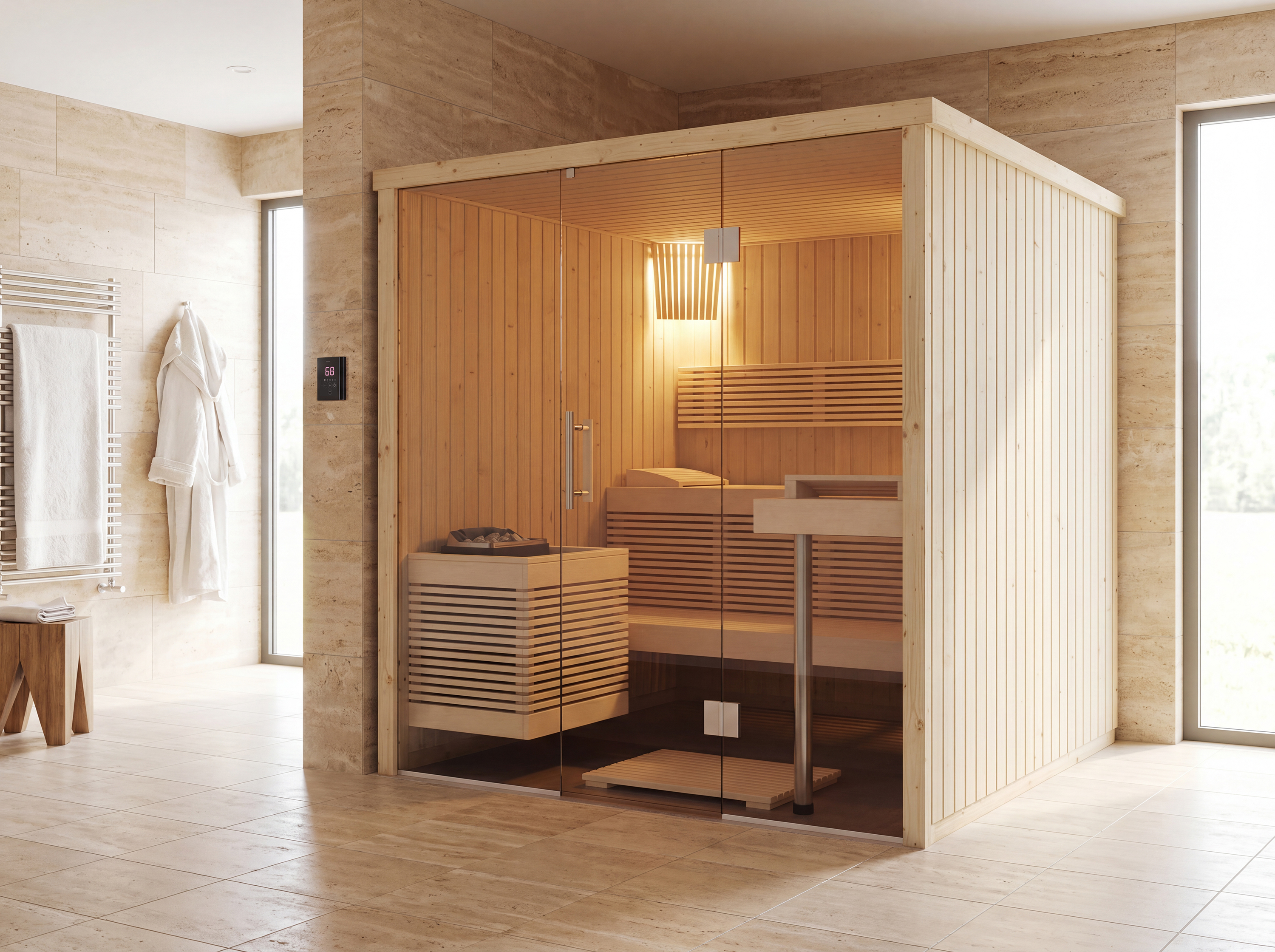 Compact two-part control: Only the compact control panel remains visible inside the sauna.