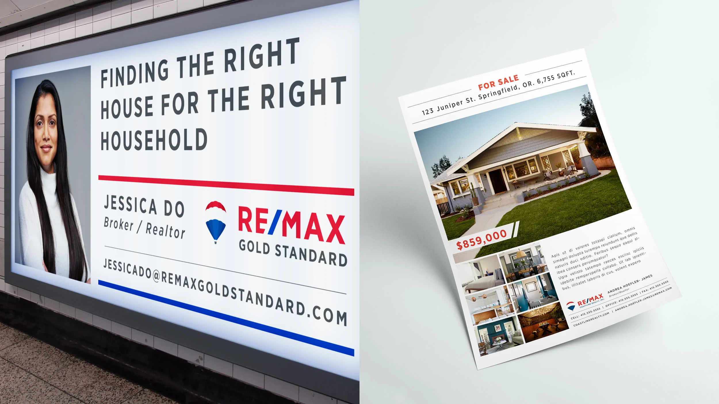 A RE/MAX agent subway ad and a RE/MAX "For Sale" flyer