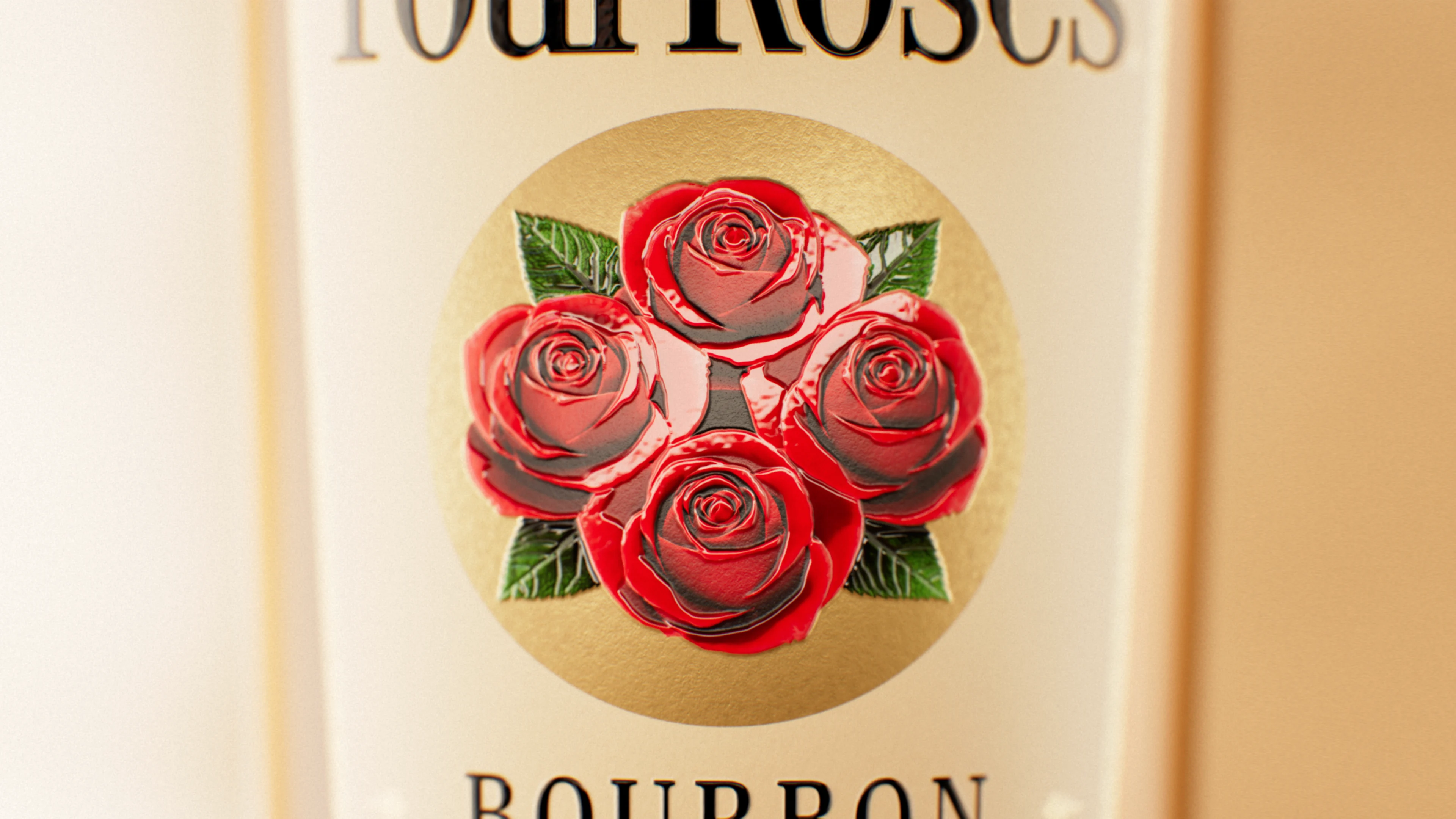 Close-up of glossy four-rose logo on a Four Roses bottle