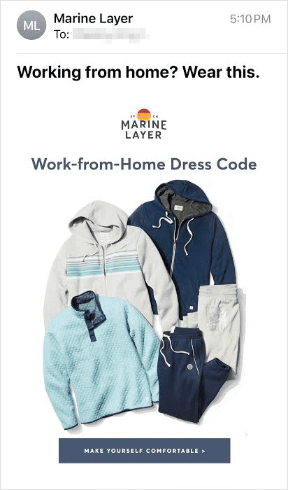 A screenshot of an marking email from Marine Layer with the headline 'Working from Home? Wear this?' with a photo of various knitwear below