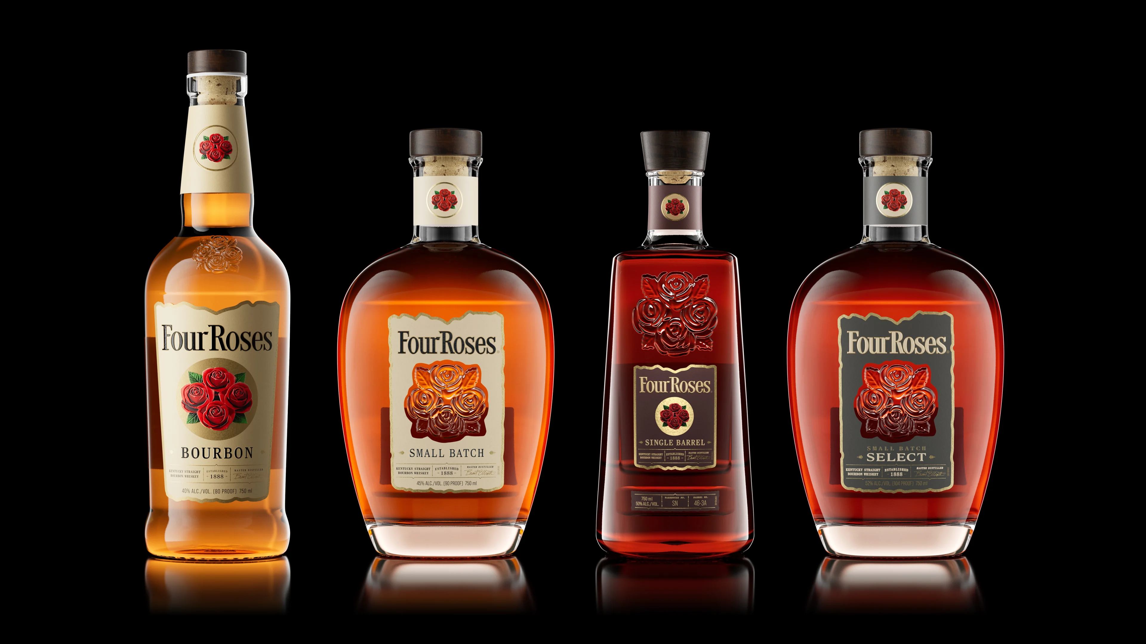 Lineup of Four Roses bourbon bottles: Bourbon, Small Batch, Single Barrel, and Small Batch Select