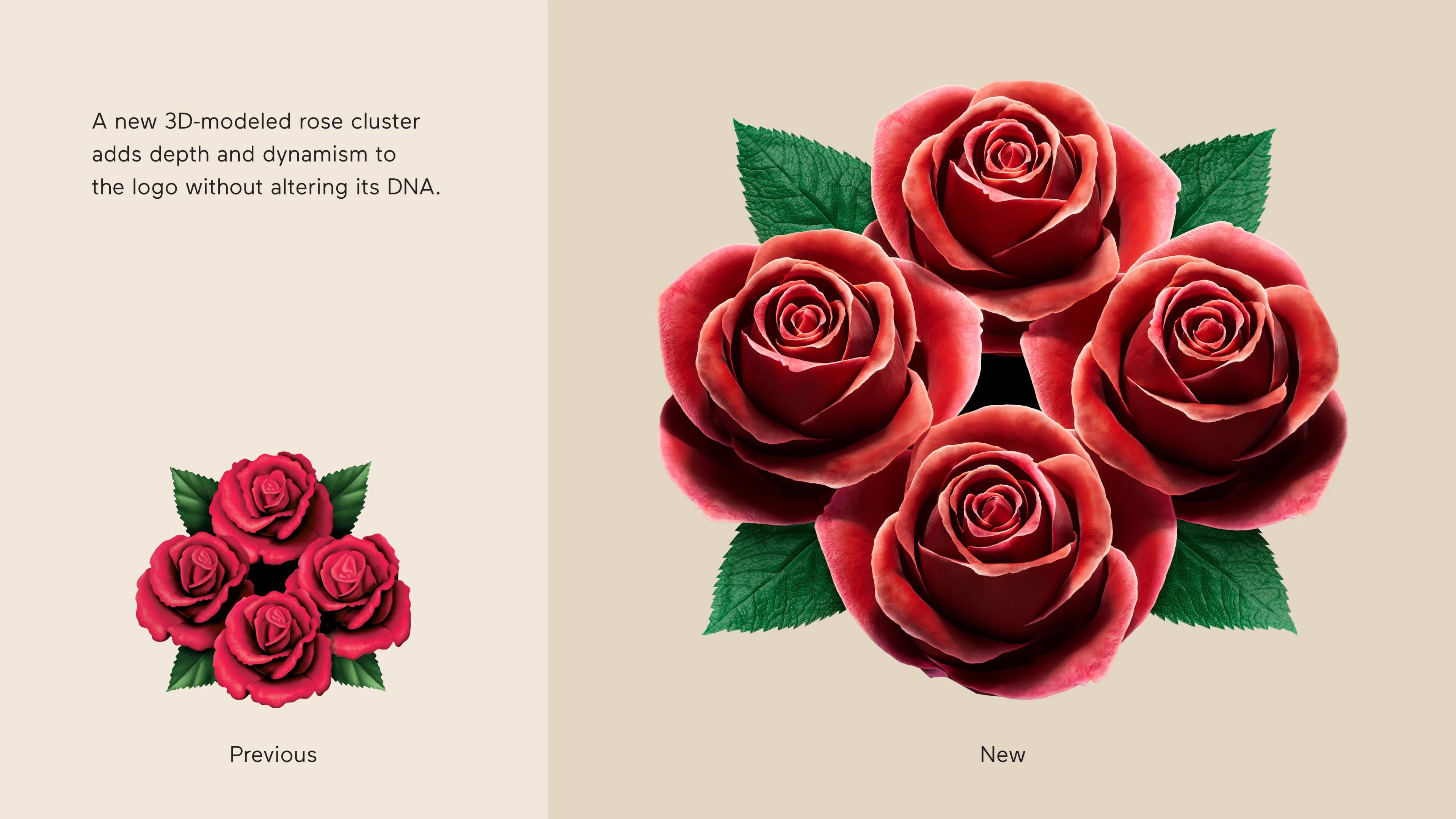 A new 3D-modeled rose cluster adds depth and dynamism to the logo without altering its DNA.