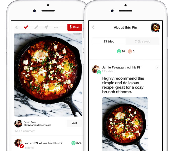 Image of a frying pan full of breakfast food, shown on a phone on Pinterest. The user has checked the 'I've tried it' checkmark.