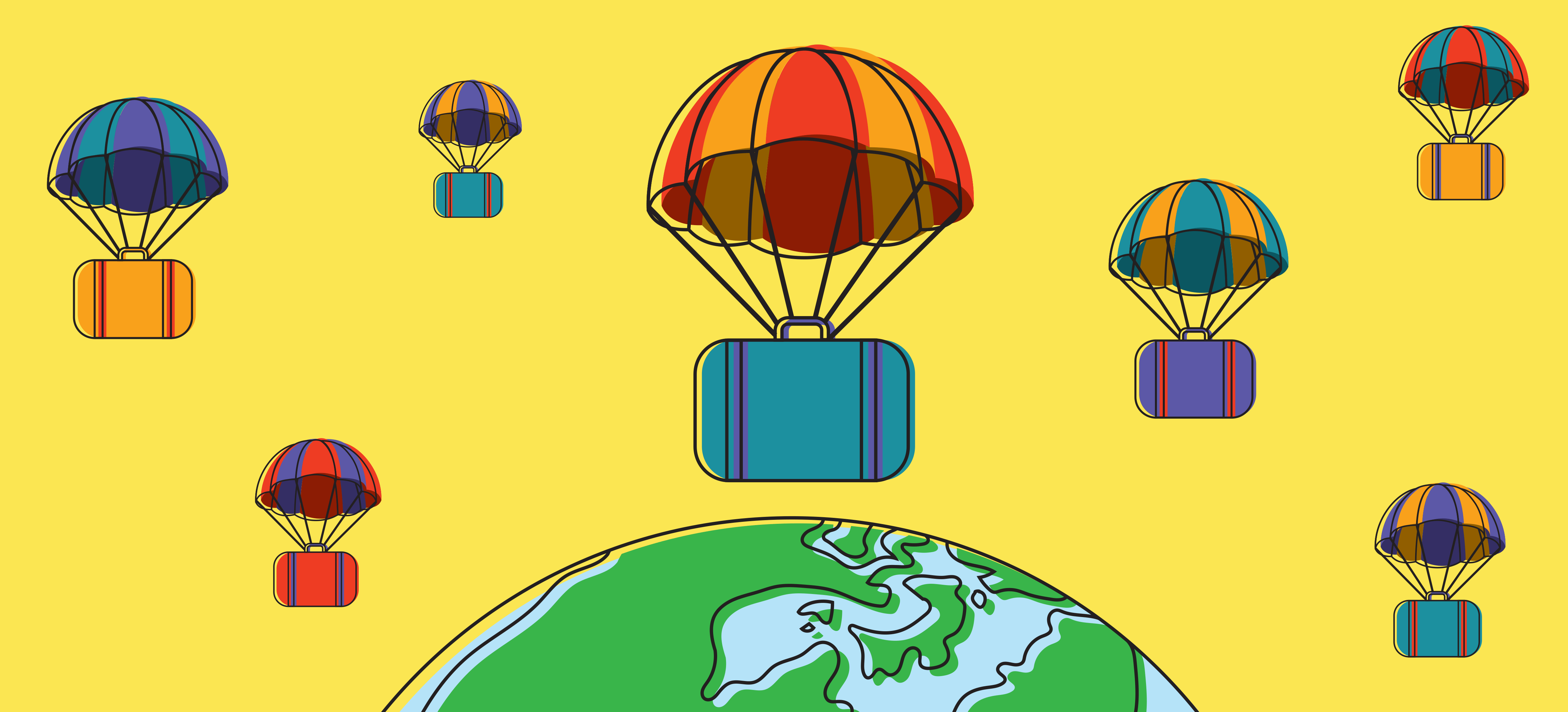 Several pieces of luggage parachuting high over the earth