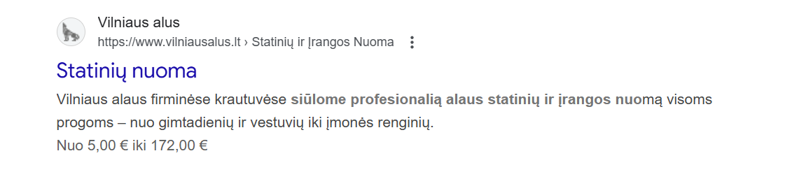 „Google“ paieškos rezultatuose nurodomas „rich results“ elementas, kuriame matomi paslaugos įkainių rėžiai.