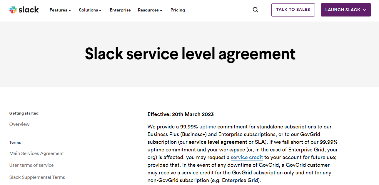  Service Level Agreement (SLA) from Slack.