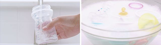 Rinsing Baby Bottle with water from faucet and baby bottle parts soaking in a bowl of soapy water