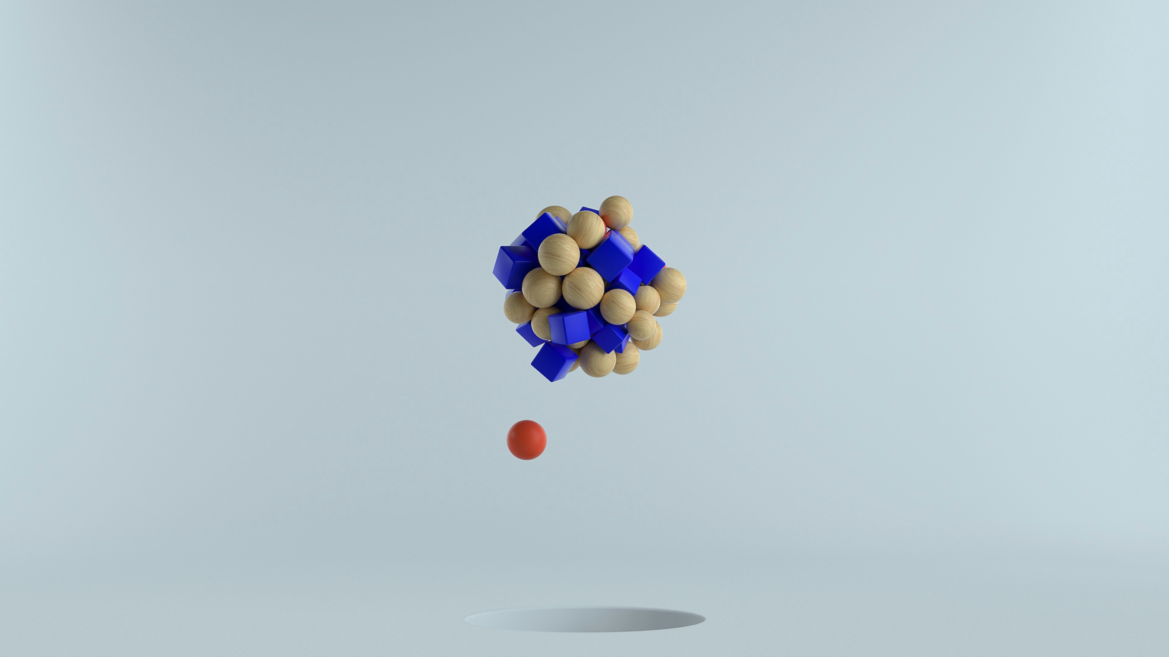 3D abstract composition of wooden spheres and blue cubes hovering over a red ball, representing the balance between human creativity and machine intelligence in AI-powered search ecosystems.