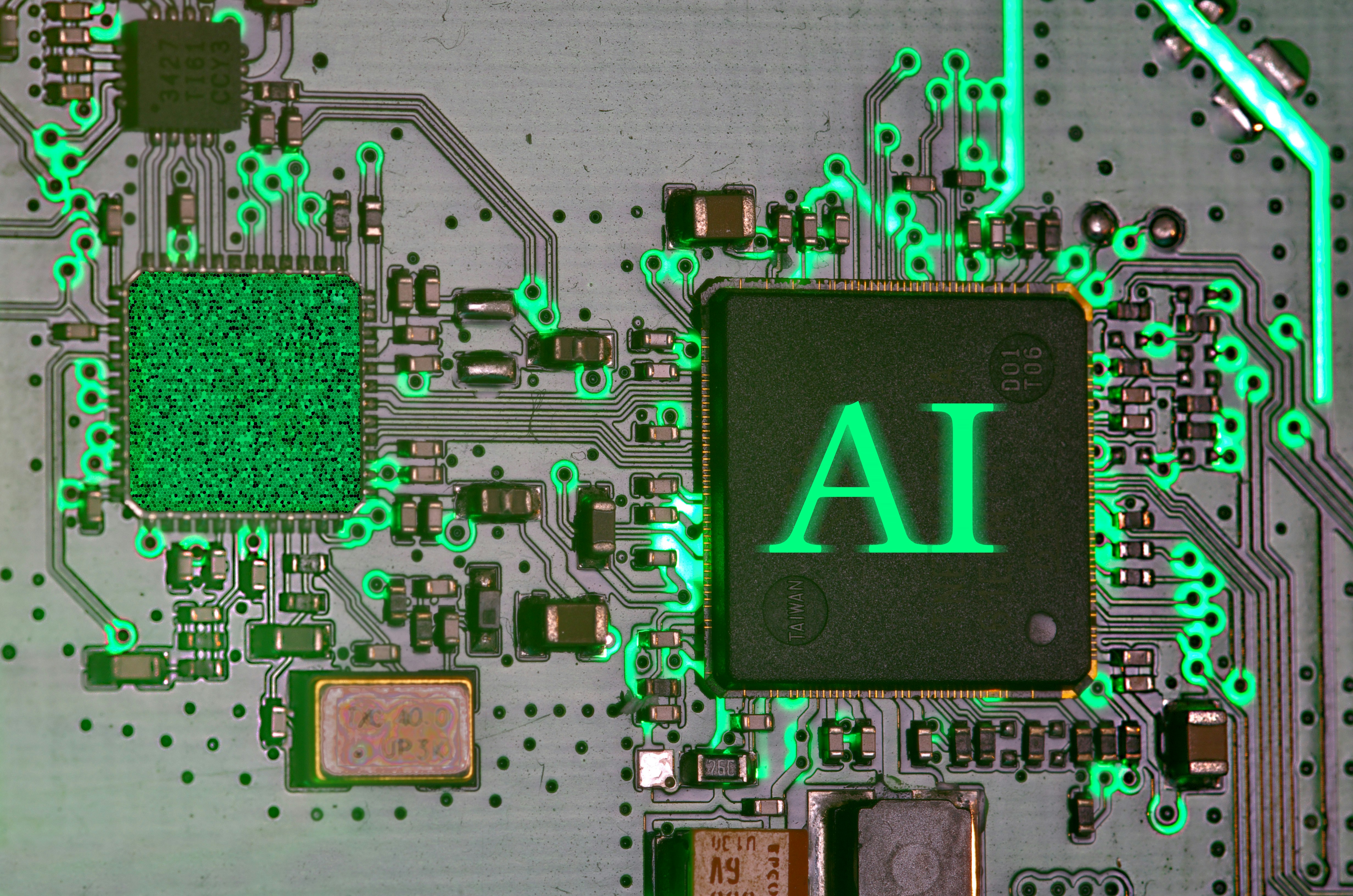 Close-up of an AI microchip glowing green on a circuit board; symbolising artificial intelligence technology driving modern AI SEO and visibility strategies.