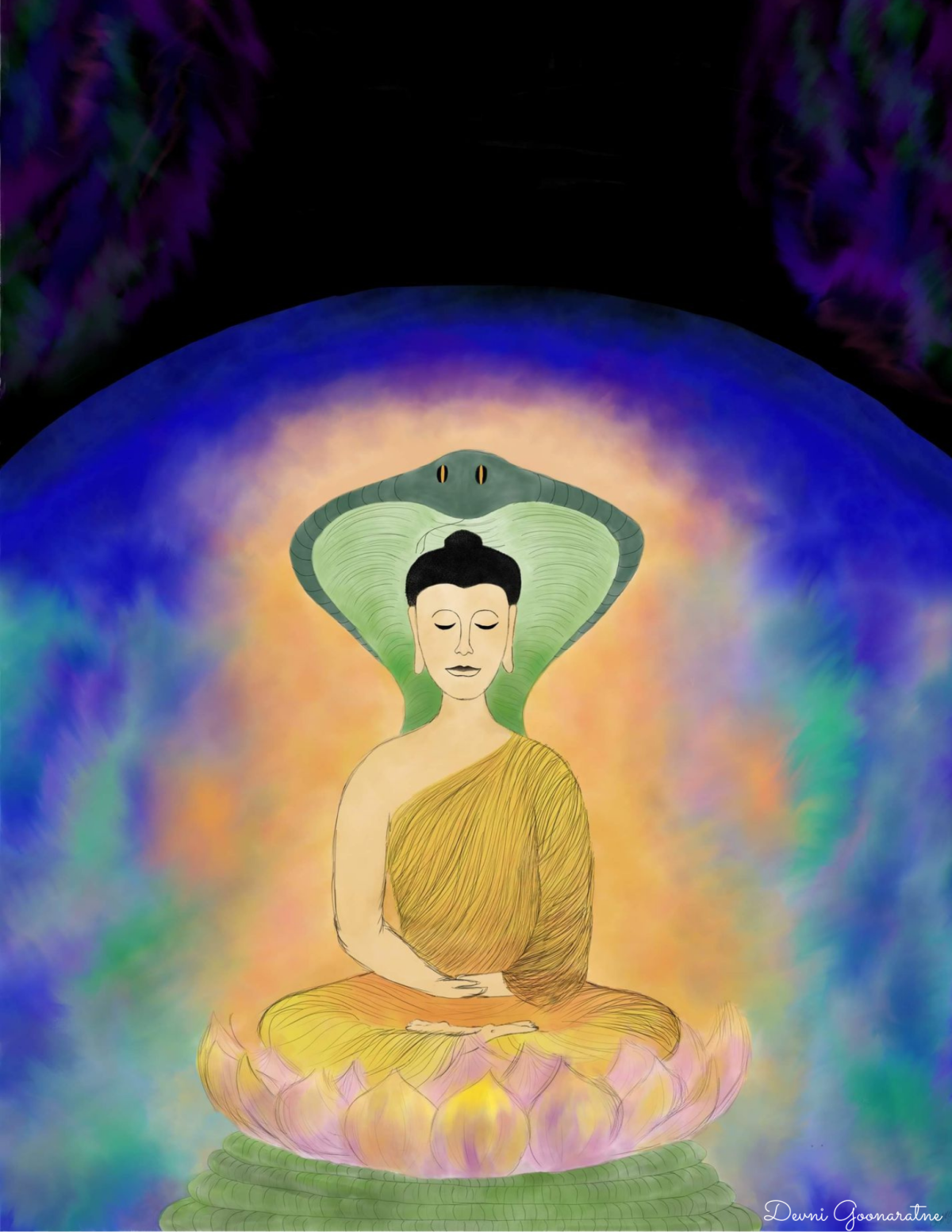 This artwork was inspired by the embodiment of Lord Buddha as a celestial and ethereal being, portrayed through the vivid colours and glowing aura surrounding his body. The Lotus flower is reminiscent of the seven flowers that Prince Siddhartha walked upon at Lumbini Park shortly after birth. The Buddha is shown meditating during the process of Enlightenment, with Mucalinda, the mighty King of Serpents, appearing from beneath the earth to shelter and protect the Buddha during a harsh and vicious storm.
The Earth in the background symbolises the universal understanding that Buddhism is a way of life and a path to attain Nibbana, the release from all suffering. When practising the Dhamma in everyday life, we develop a sense of tranquility and peace of mind. Finally, the ethereal beauty of the Aurora Lights surrounding the Earth, depicts the detachment from the material world and the Lord Buddha’s transcendent qualities. 