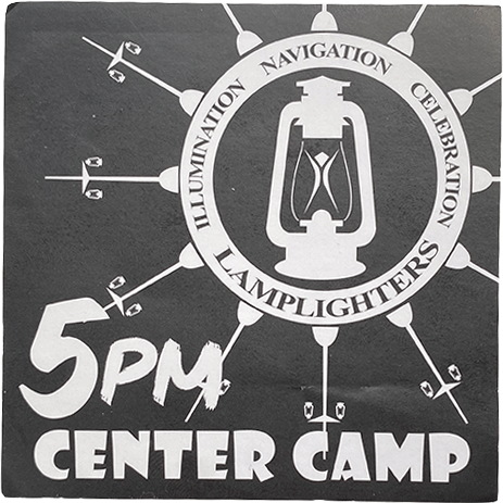 Black-and-white sticker with lantern logo and text “Lamplighters,” “Illumination Navigation Celebration,” and “5pm Center Camp.”