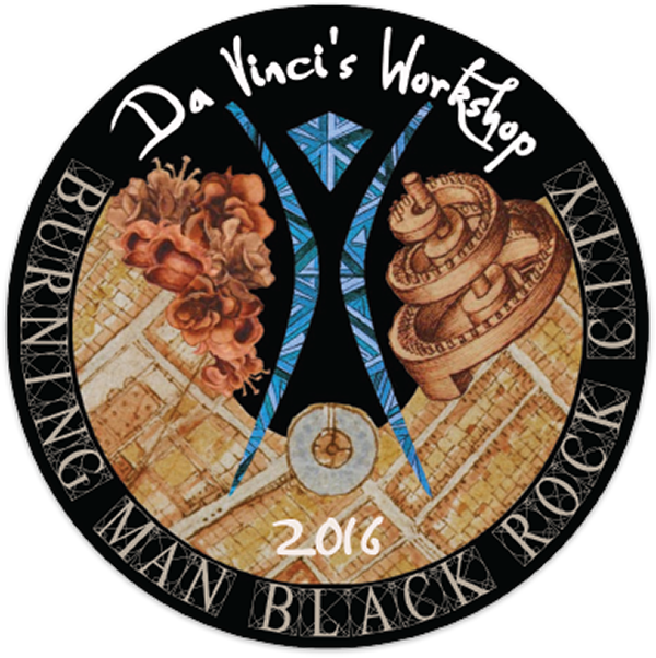 Circular Burning Man 2016 “Da Vinci’s Workshop” gate sticker with Renaissance sketches, gears, flowers, and blue MAN on black background.
