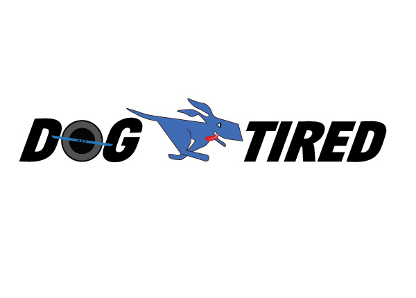 Initial logo layout exploration, placing the dog horizontally between the two words Dog Tired