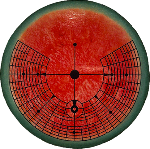 Circular red-and-green sticker with black radial grid resembling the Burning Man city layout viewed from above.