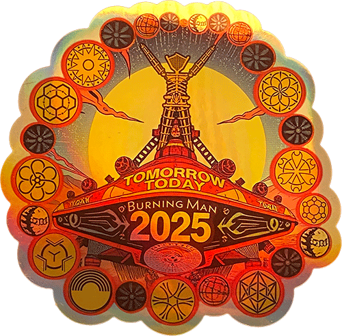 Burning Man sticker featuring the Man at the center of a circular design, surrounded by geometric symbols in warm gold, orange, and red tones.