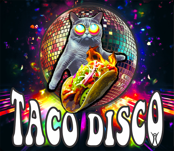 Taco Disco Cat wearing sunglasses, with a disco ball in the background.
