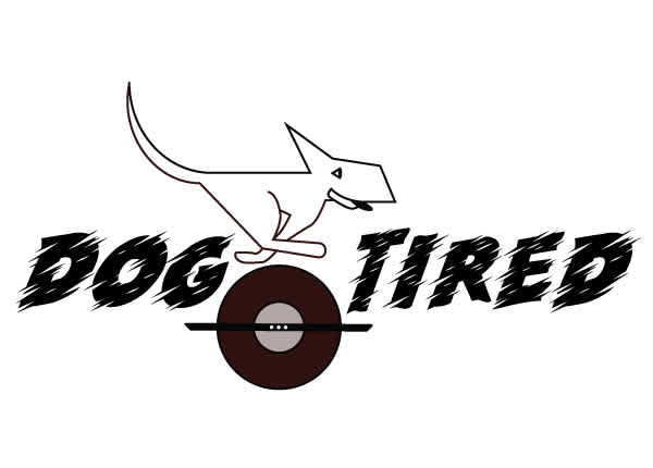 A black and white version of the dog running to the right in profile on top of a OneWheel, between the words Dog Tired.