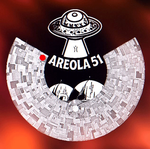 Sticker reading “Areola 51” featuring a UFO hovering above stylized desert hills, framed by a large semicircular stone-textured arc.